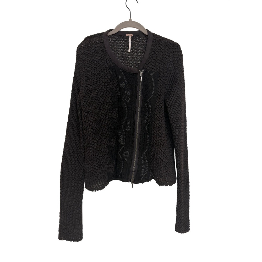 Free People Black Open Knit Asymmetrical Zip Embroidered Lace Cardigan Medium